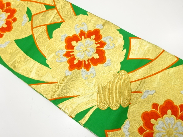 JAPANESE KIMONO / ANTIQUE FUKURO OBI / SILK / WOVEN FLORAL CREST & NOSHI